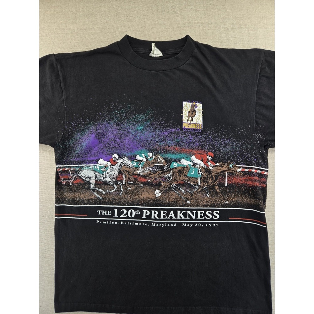 Vintage 90s 120th Preakness Horse Racing Maryland AOP T-Shirt Size XL Tour Champ